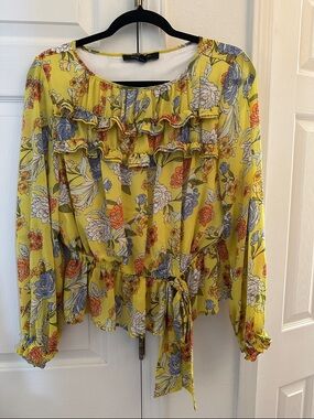 MARC New York (Andrew Marc) Floral Ruffle Tie-Waist Blouse Size Medium